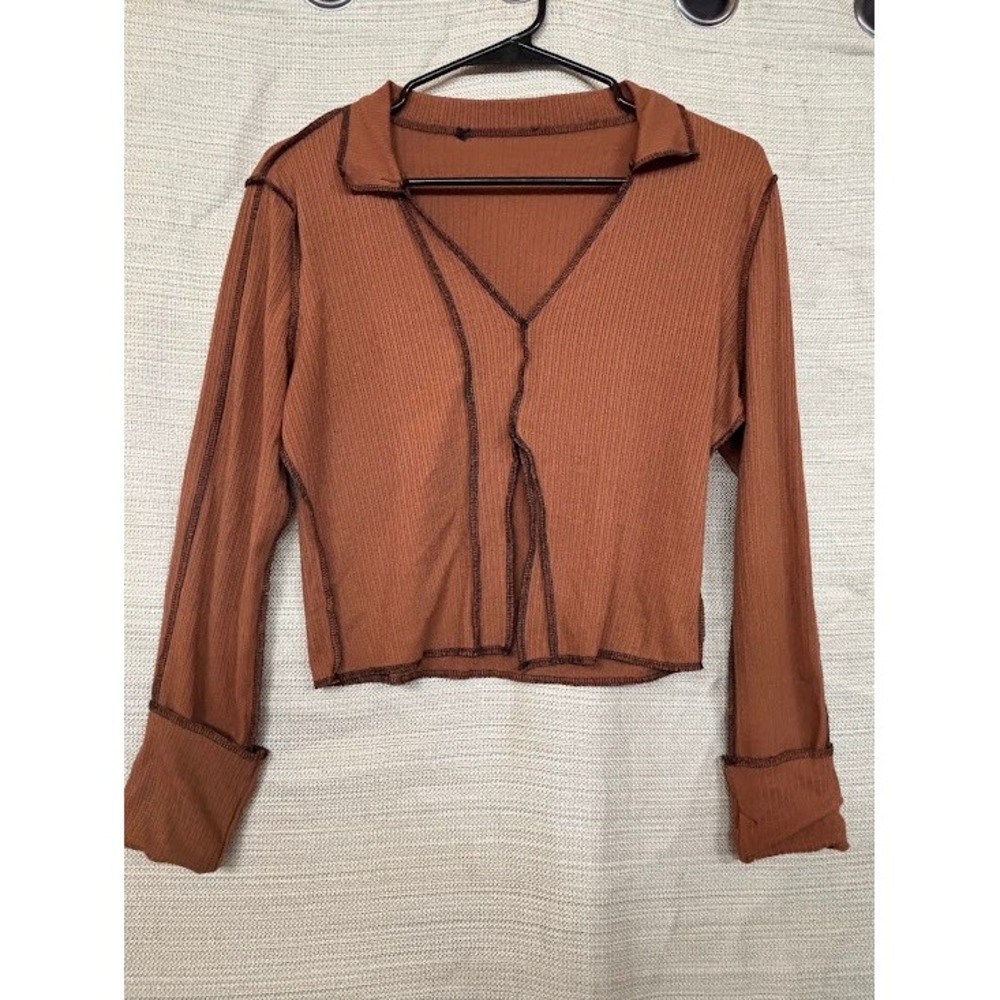 SheIn Rust Brown Ribbed Long Sleeve Top‎ Exposed Stitching V-Neck Small